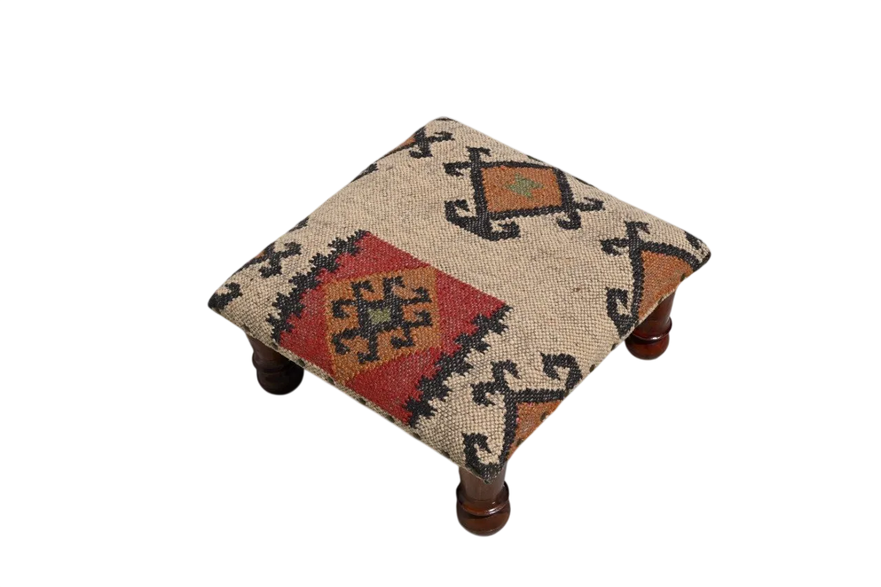 Handmade Geometric Kilim Footstool – Beige Upholstered Ottoman with Turned Wooden Legs