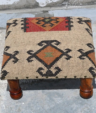 Handmade Geometric Kilim Footstool – Beige Upholstered Ottoman with Turned Wooden Legs