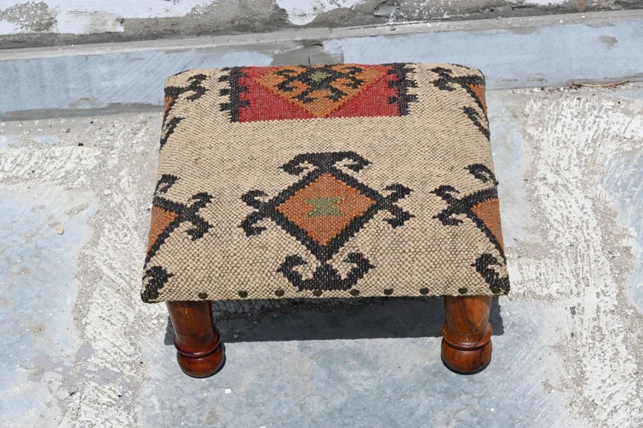 Handmade Geometric Kilim Footstool – Beige Upholstered Ottoman with Turned Wooden Legs