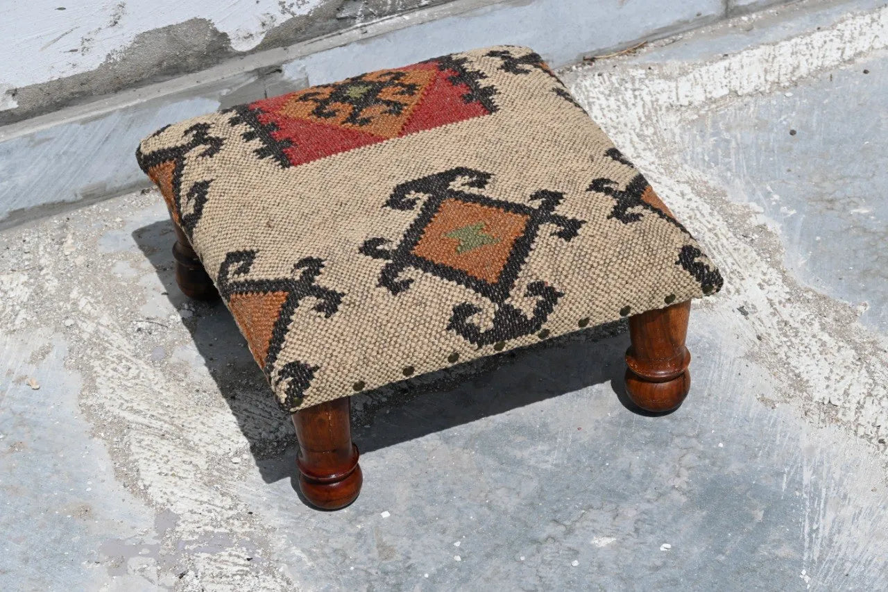 Handmade Geometric Kilim Footstool – Beige Upholstered Ottoman with Turned Wooden Legs