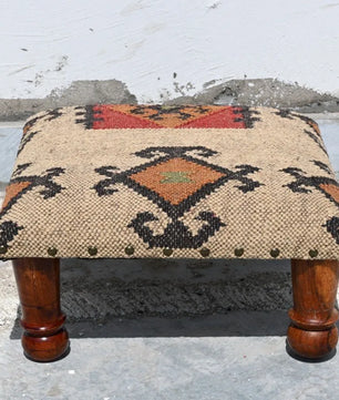 Handmade Geometric Kilim Footstool – Beige Upholstered Ottoman with Turned Wooden Legs