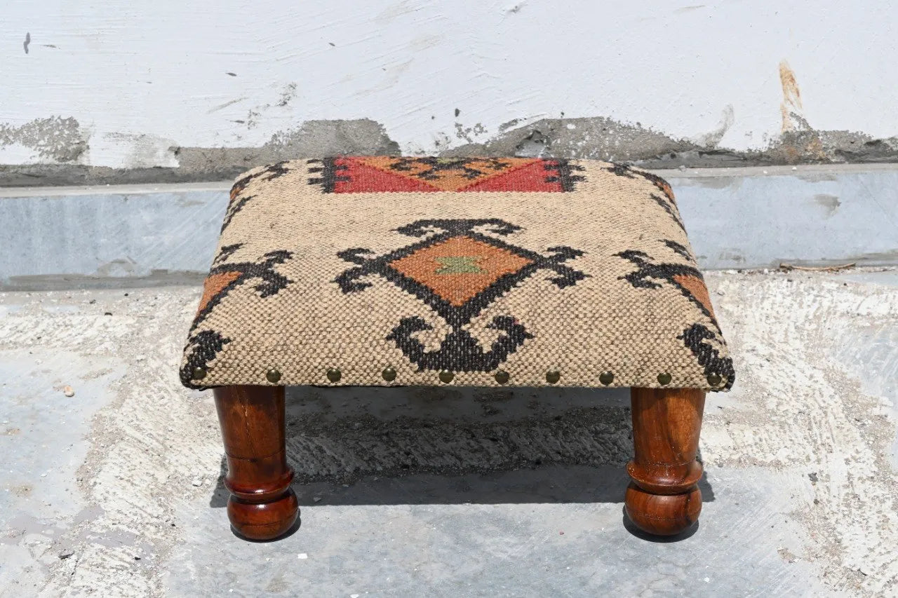 Handmade Geometric Kilim Footstool – Beige Upholstered Ottoman with Turned Wooden Legs