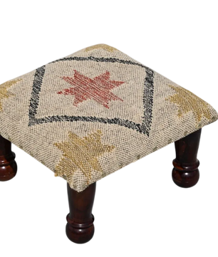 Neutral Tribal Ottoman – Handmade Star Kilim Accent Stool and Wooden Footrest