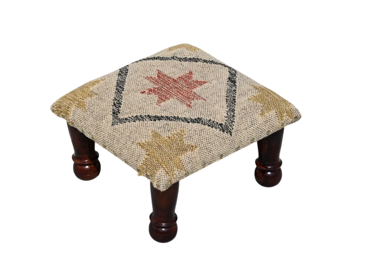 Neutral Tribal Ottoman – Handmade Star Kilim Accent Stool and Wooden Footrest