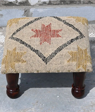 Neutral Tribal Ottoman – Handmade Star Kilim Accent Stool and Wooden Footrest