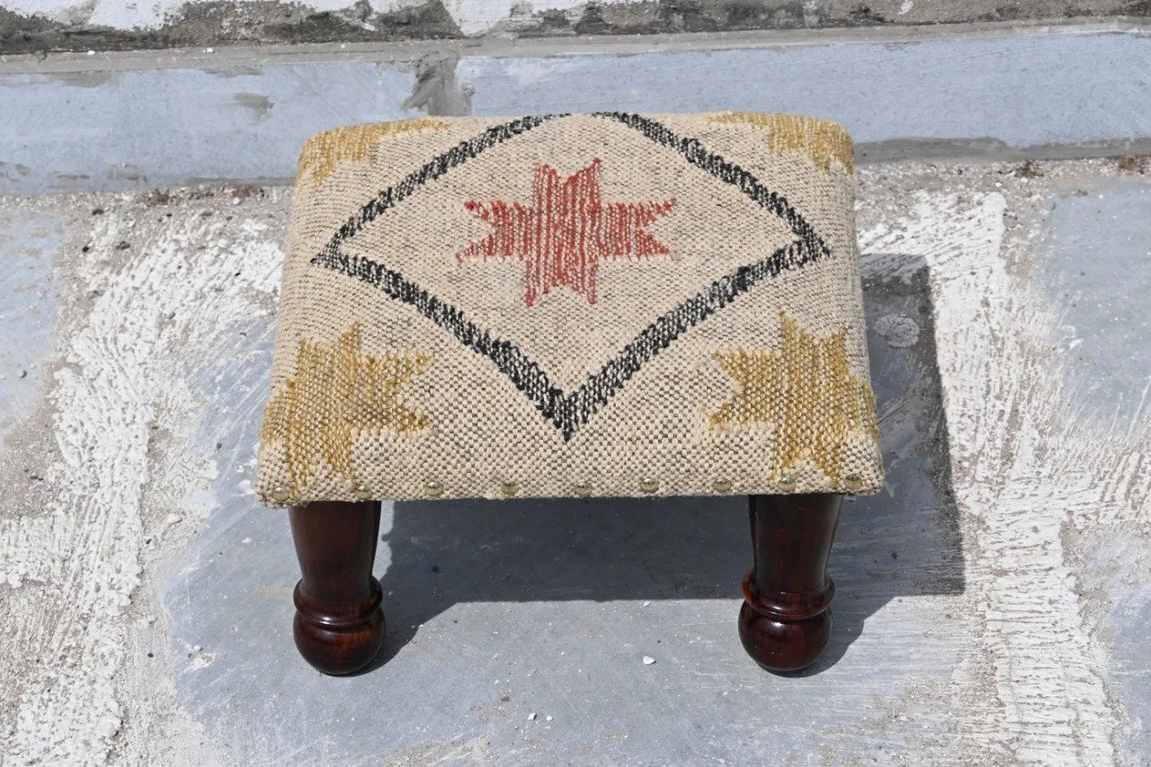 Neutral Tribal Ottoman – Handmade Star Kilim Accent Stool and Wooden Footrest