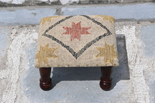 Neutral Tribal Ottoman – Handmade Star Kilim Accent Stool and Wooden Footrest