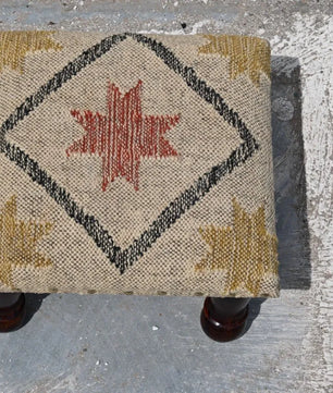 Neutral Tribal Ottoman – Handmade Star Kilim Accent Stool and Wooden Footrest