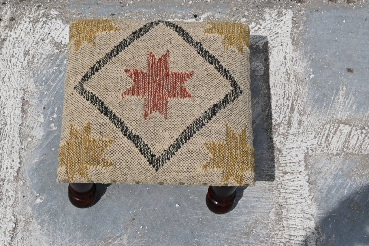 Neutral Tribal Ottoman – Handmade Star Kilim Accent Stool and Wooden Footrest