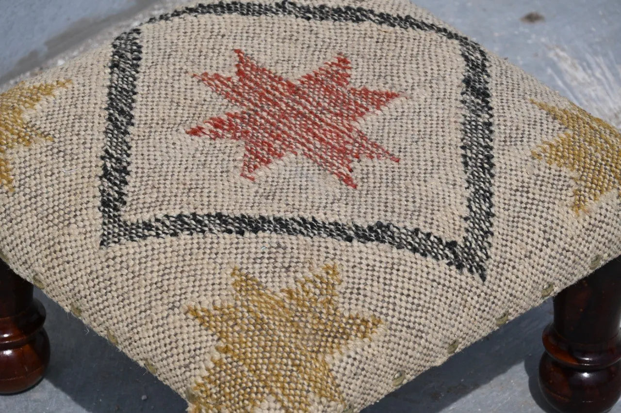 Neutral Tribal Ottoman – Handmade Star Kilim Accent Stool and Wooden Footrest