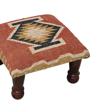 Handmade Rust Kilim Ottoman – Geometric Upholstered Footstool with Wooden Legs