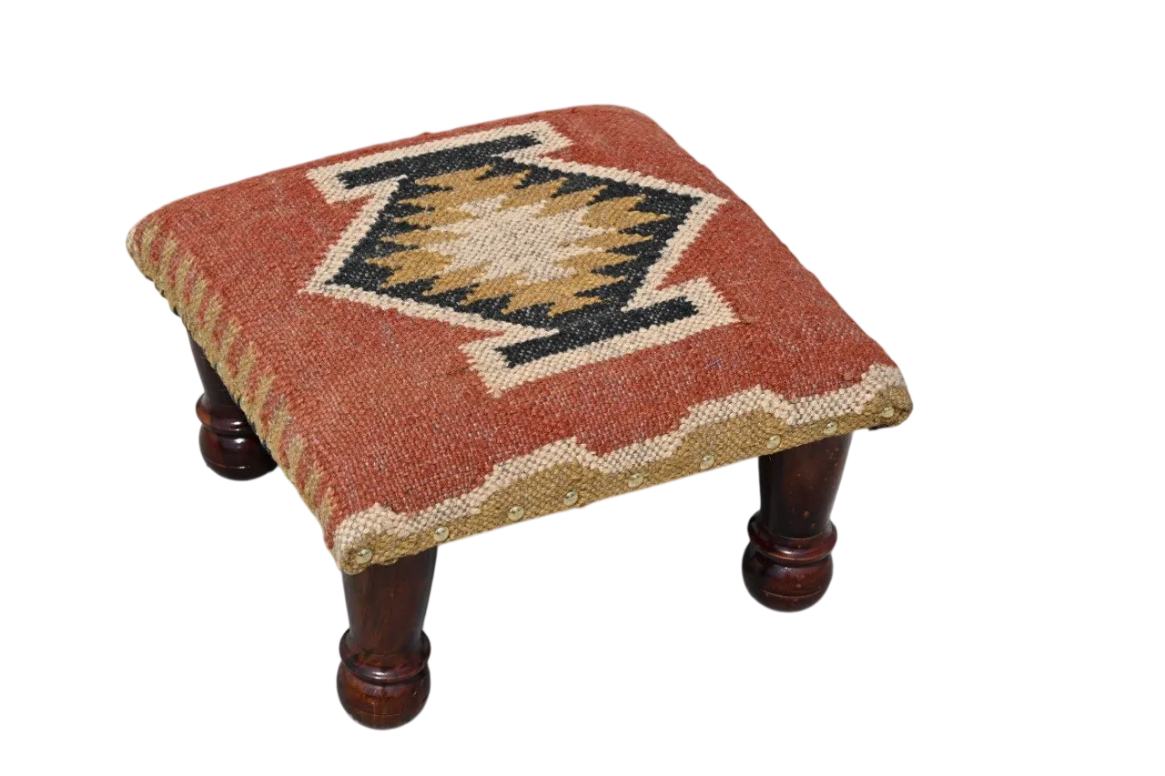 Handmade Rust Kilim Ottoman – Geometric Upholstered Footstool with Wooden Legs