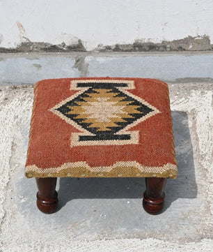 Handmade Rust Kilim Ottoman – Geometric Upholstered Footstool with Wooden Legs