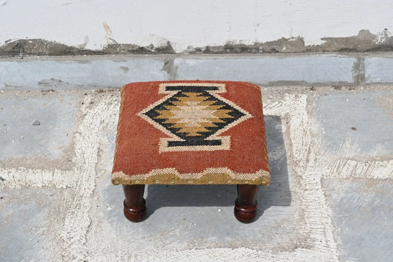 Handmade Rust Kilim Ottoman – Geometric Upholstered Footstool with Wooden Legs