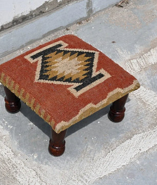 Handmade Rust Kilim Ottoman – Geometric Upholstered Footstool with Wooden Legs