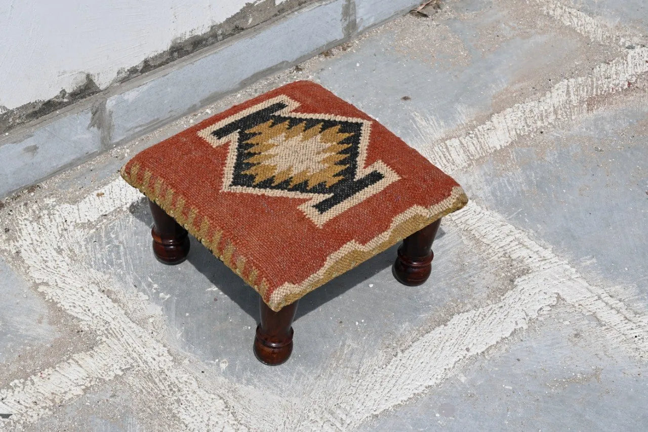 Handmade Rust Kilim Ottoman – Geometric Upholstered Footstool with Wooden Legs