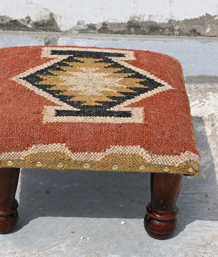 Handmade Rust Kilim Ottoman – Geometric Upholstered Footstool with Wooden Legs