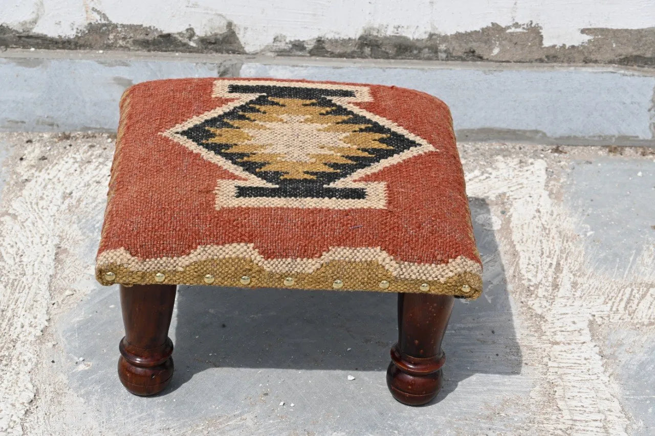 Handmade Rust Kilim Ottoman – Geometric Upholstered Footstool with Wooden Legs