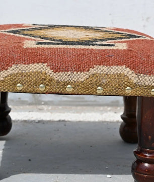 Handmade Rust Kilim Ottoman – Geometric Upholstered Footstool with Wooden Legs