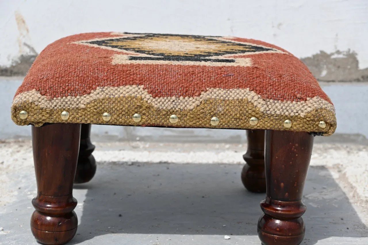 Handmade Rust Kilim Ottoman – Geometric Upholstered Footstool with Wooden Legs