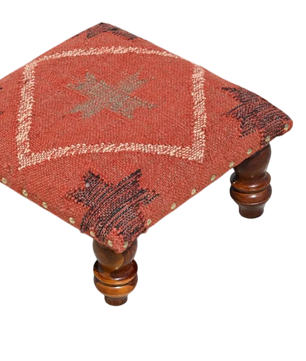 Rust Tribal Ottoman – Handmade Geometric Kilim Accent Stool and Wooden Footrest