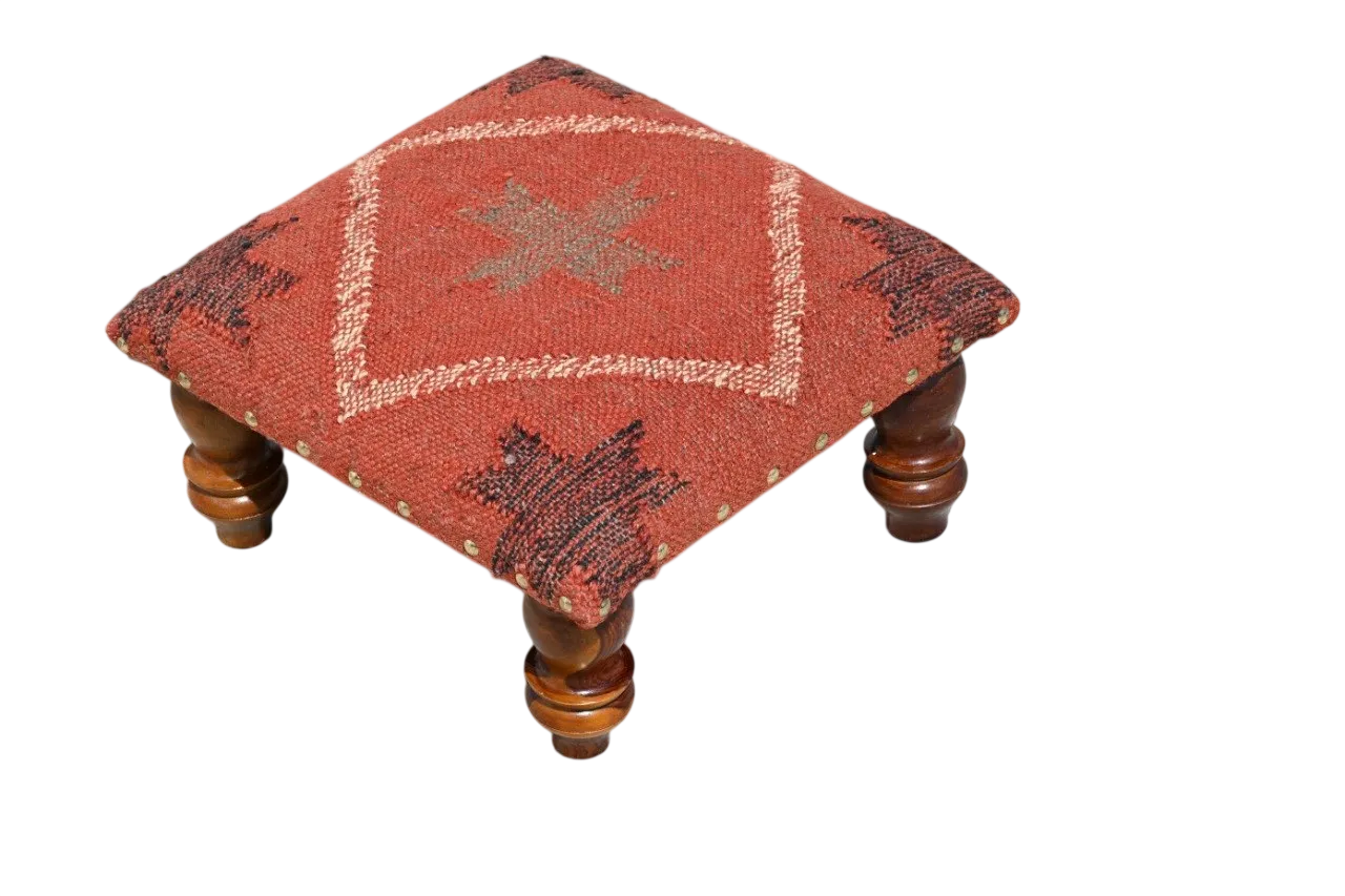 Rust Tribal Ottoman – Handmade Geometric Kilim Accent Stool and Wooden Footrest