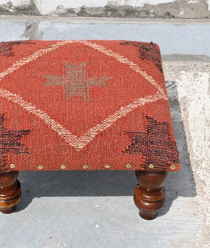 Rust Tribal Ottoman – Handmade Geometric Kilim Accent Stool and Wooden Footrest