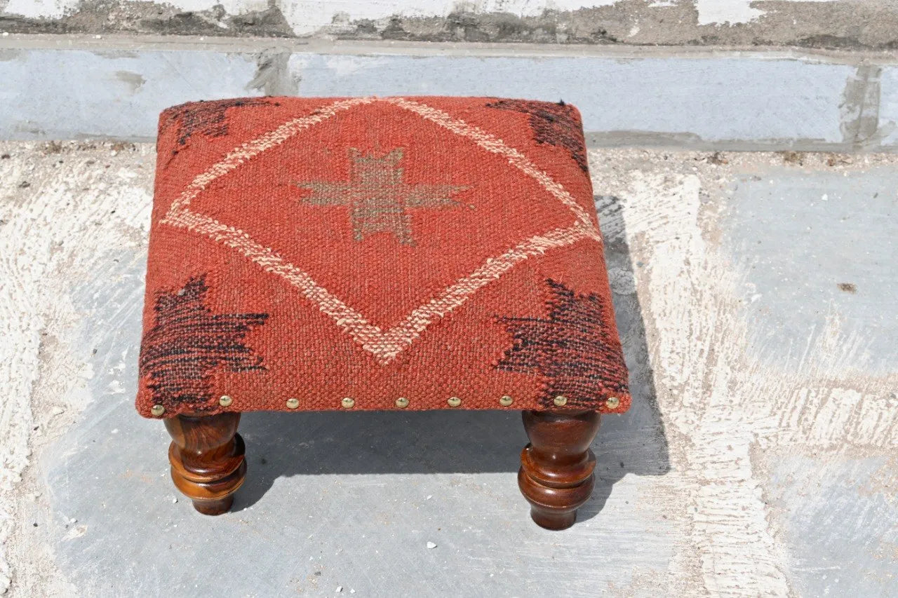 Rust Tribal Ottoman – Handmade Geometric Kilim Accent Stool and Wooden Footrest
