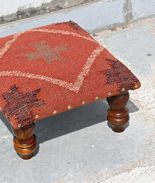 Rust Tribal Ottoman – Handmade Geometric Kilim Accent Stool and Wooden Footrest