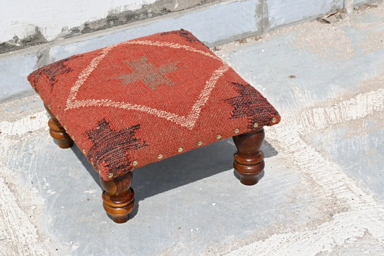 Rust Tribal Ottoman – Handmade Geometric Kilim Accent Stool and Wooden Footrest