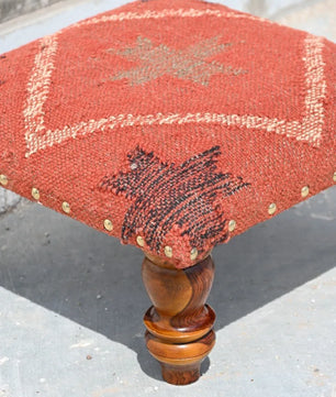 Rust Tribal Ottoman – Handmade Geometric Kilim Accent Stool and Wooden Footrest