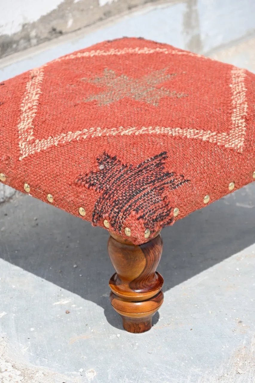 Rust Tribal Ottoman – Handmade Geometric Kilim Accent Stool and Wooden Footrest