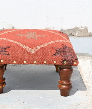 Rust Tribal Ottoman – Handmade Geometric Kilim Accent Stool and Wooden Footrest
