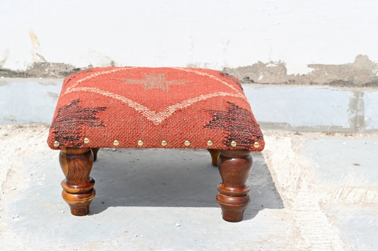 Rust Tribal Ottoman – Handmade Geometric Kilim Accent Stool and Wooden Footrest