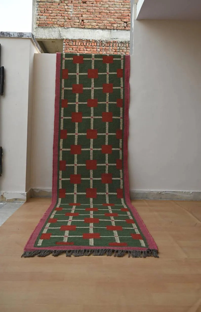 Handmade Green Kilim Runner – Red Squares & Cream Grid
