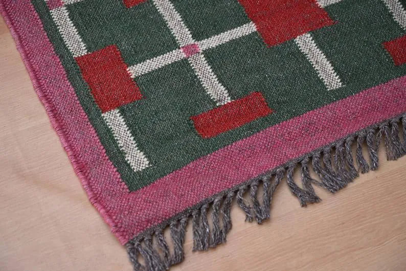 Handmade Green Kilim Runner – Red Squares & Cream Grid