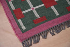 Handmade Green Kilim Runner – Red Squares & Cream Grid