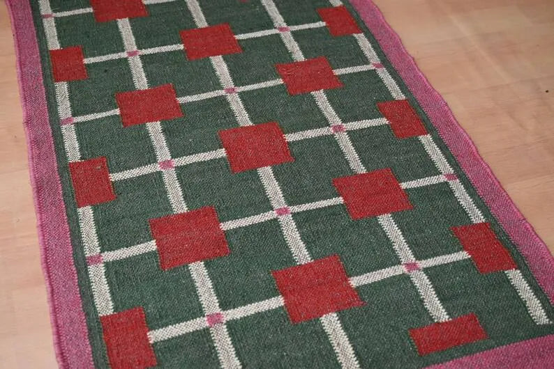 Handmade Green Kilim Runner – Red Squares & Cream Grid