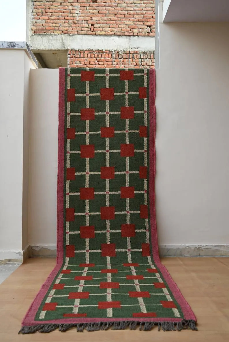 Handmade Green Kilim Runner – Red Squares & Cream Grid