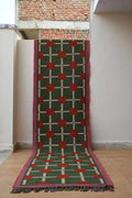 Handmade Green Kilim Runner – Red Squares & Cream Grid