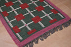 Handmade Green Kilim Runner – Red Squares & Cream Grid