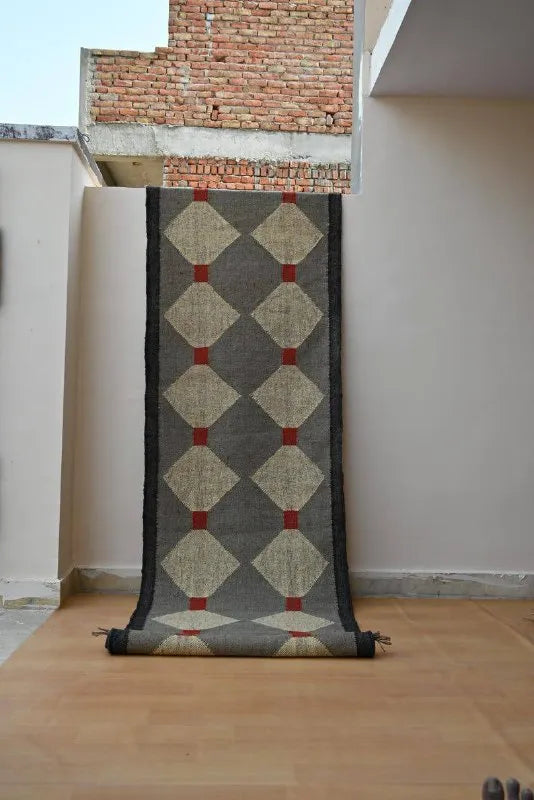 Handmade Grey Kilim Runner – Beige Diamonds & Rust Accents