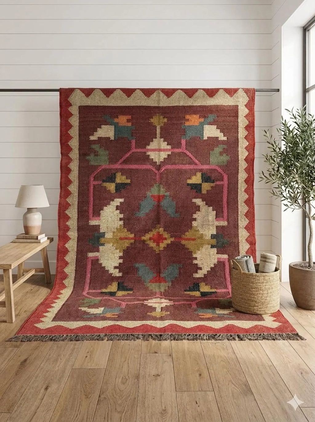 Burgundy Folk-Art Kilim Dhurrie – Artisan-Woven Wool Jute Rug, Made to Measure