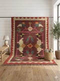Burgundy Folk-Art Kilim Dhurrie – Artisan-Woven Wool Jute Rug, Made to Measure