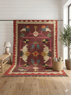 Burgundy Folk-Art Kilim Dhurrie – Artisan-Woven Wool Jute Rug, Made to Measure