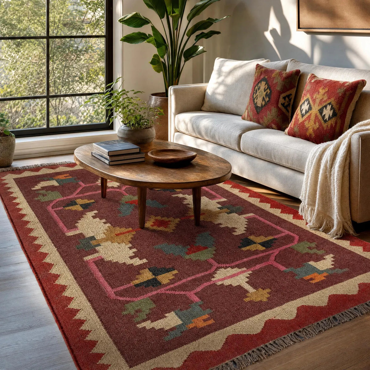 Burgundy Folk-Art Kilim Dhurrie – Artisan-Woven Wool Jute Rug, Made to Measure