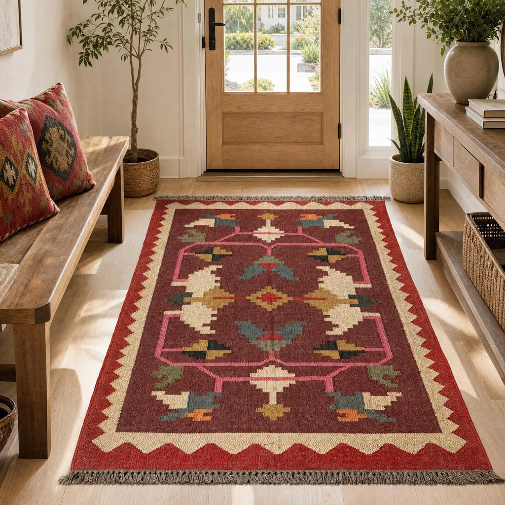 Burgundy Folk-Art Kilim Dhurrie – Artisan-Woven Wool Jute Rug, Made to Measure