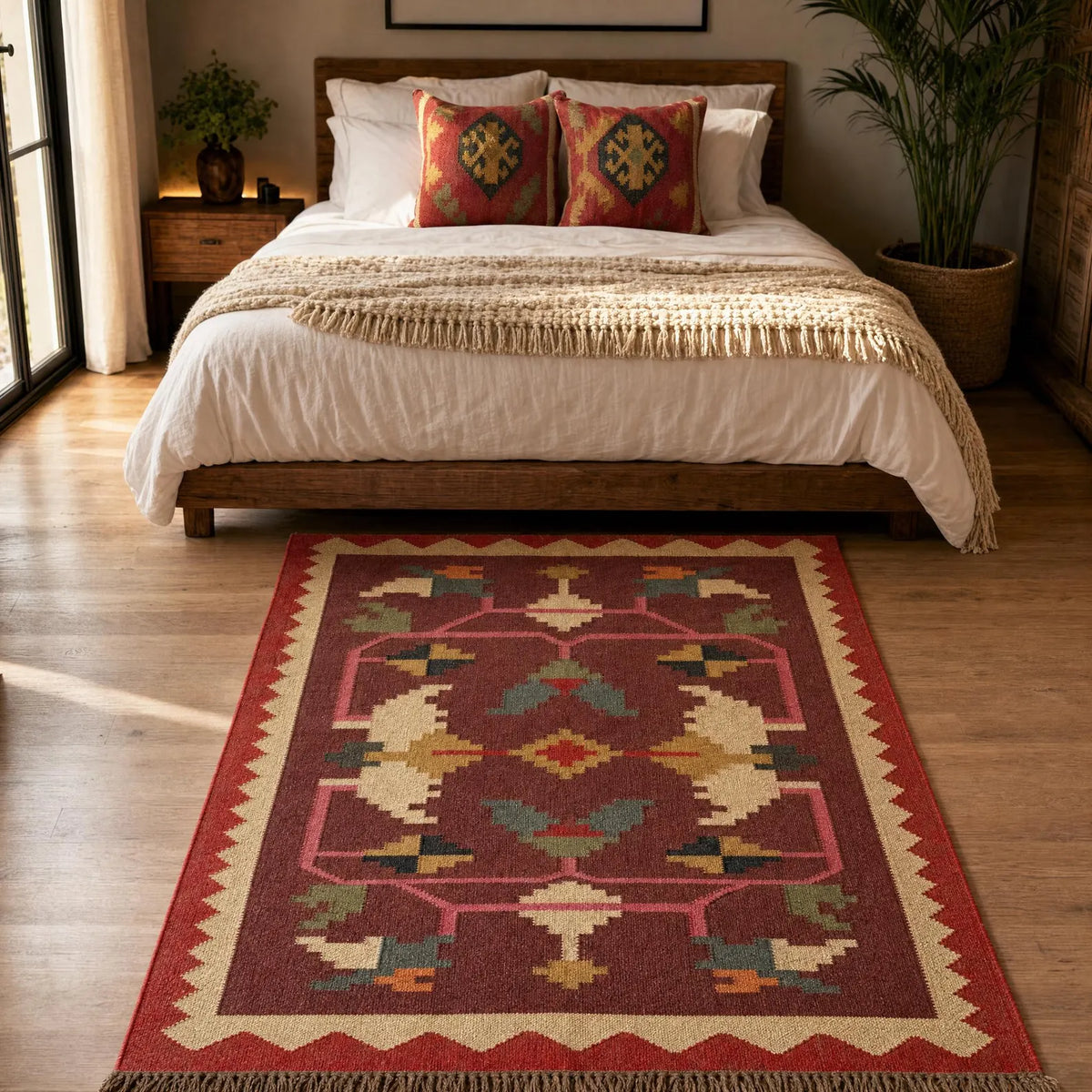 Burgundy Folk-Art Kilim Dhurrie – Artisan-Woven Wool Jute Rug, Made to Measure