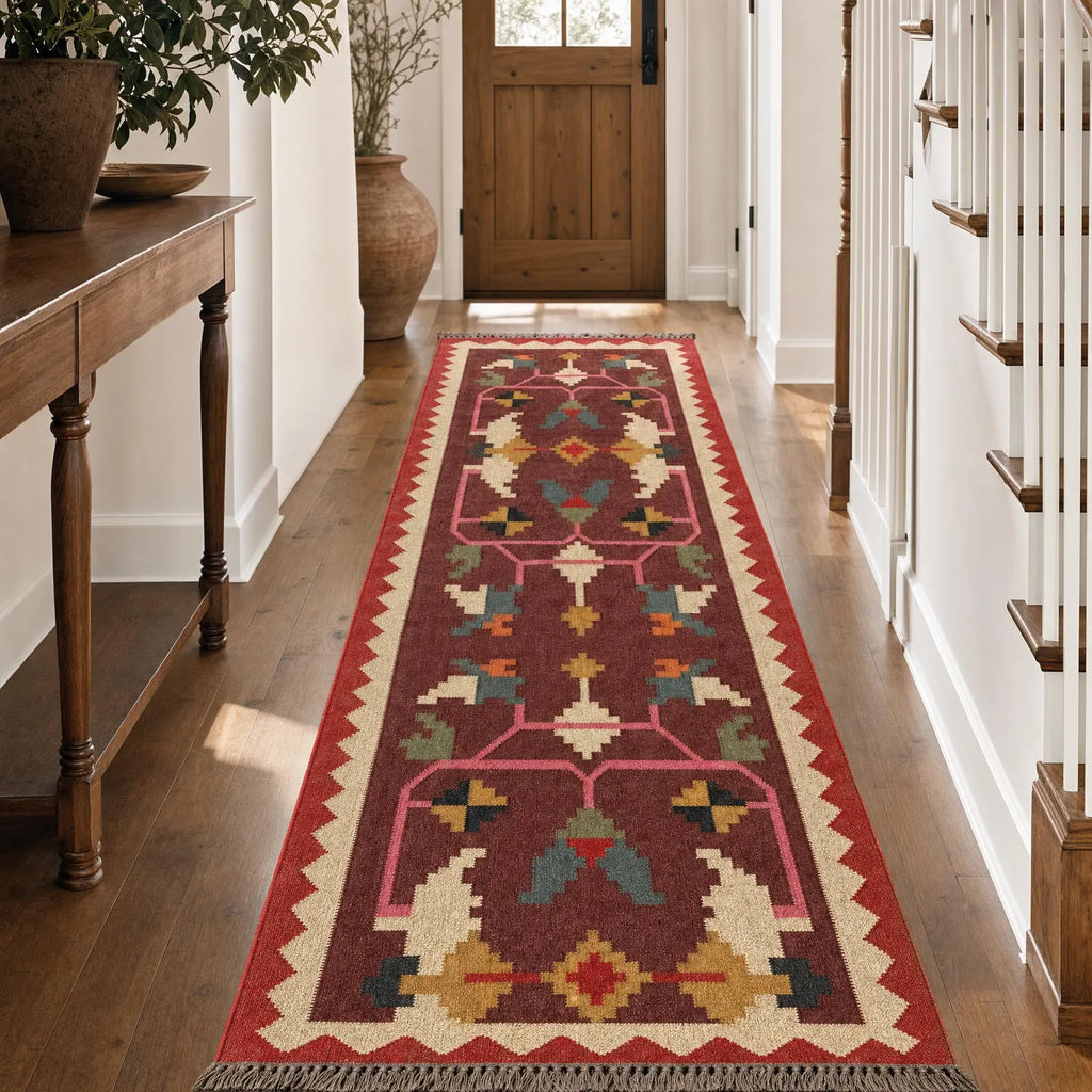 Maroon Folk-Art Kilim Carpet Runner – Artisan-Woven Wool Jute Rug, Made to Measure