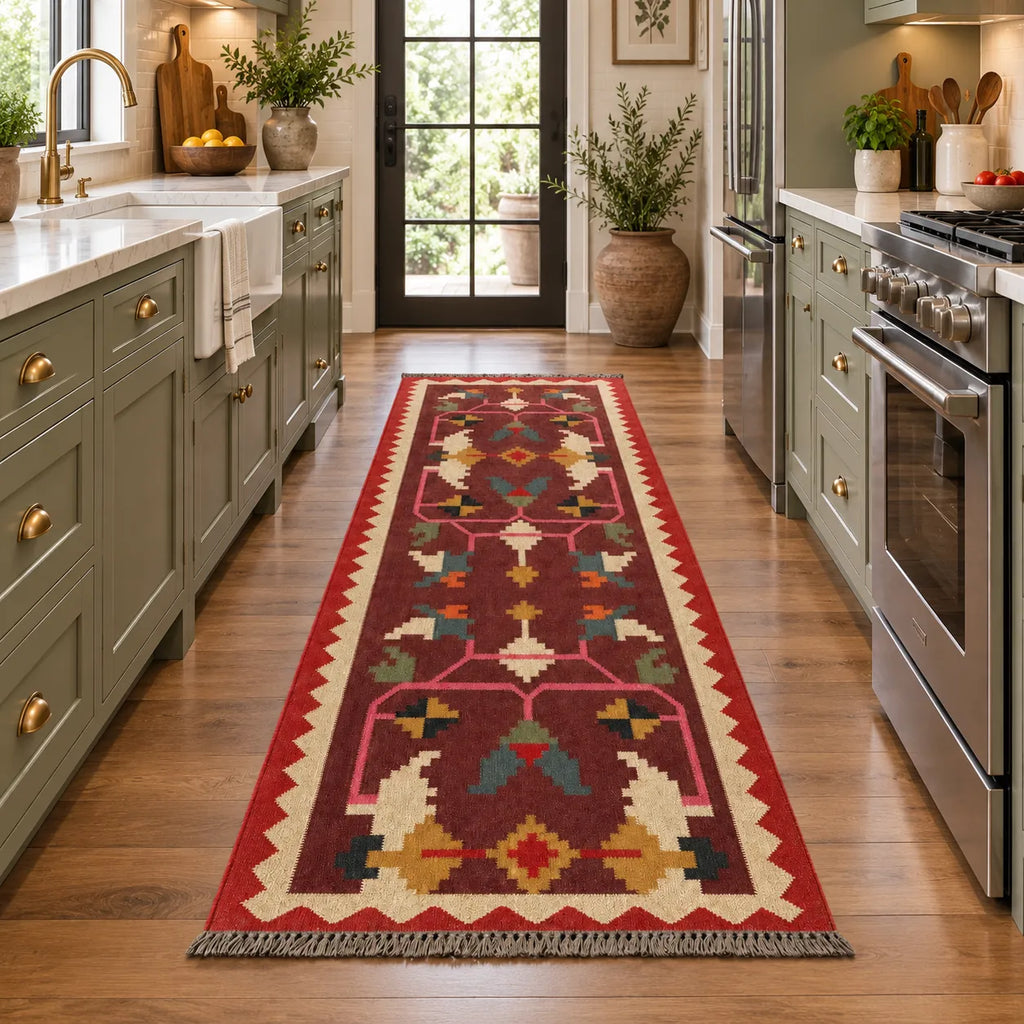 Maroon Folk-Art Kilim Carpet Runner – Artisan-Woven Wool Jute Rug, Made to Measure
